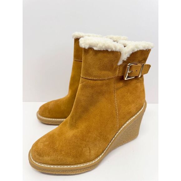 Franco Sarto Ankle Boots Size 8 Tan Leather Suede Shearling Wedge Heel Boots - Picture 2 of 9